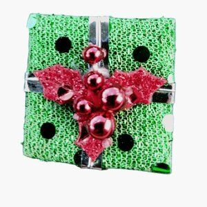 Christmas Present Pin Brooch Green Gift Package REd Ribbon Holly Holiday Jewelry